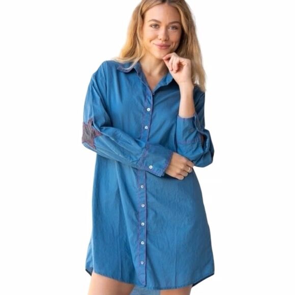 Natural Life 100% Cotton Blue Button Up Shirt Dress Gray Star Elbows L/XL - Picture 1 of 7